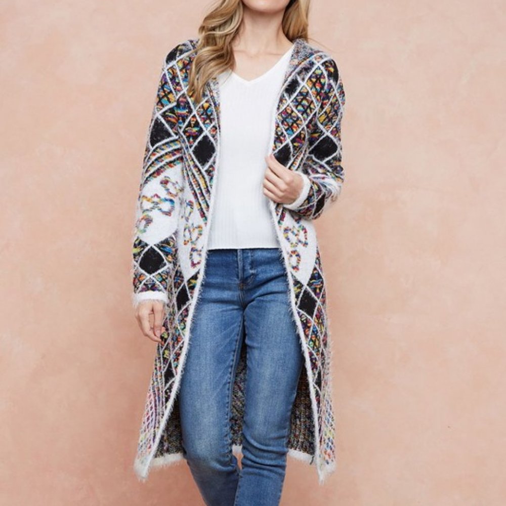 ON BLUE SWEATER CARDIGAN rainbow Aztec ski lodge Yellowstone Montana sky XS-3X
